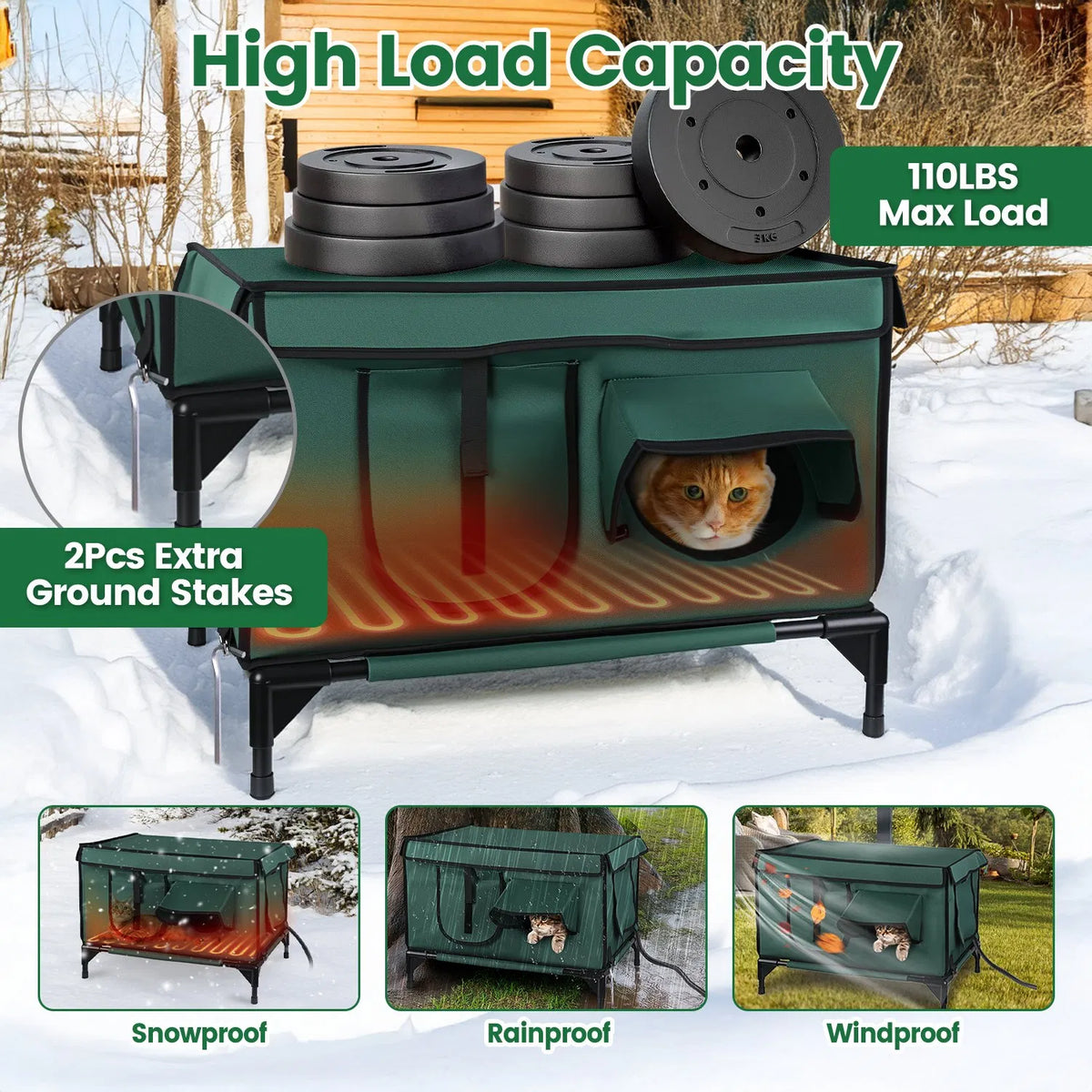 Large Heated Cat House Outdoor, 600D Waterproof Oxford, Heating Pad, 2 Doors & Windows, Raised Feet & Stakes, Porch Garage Barn