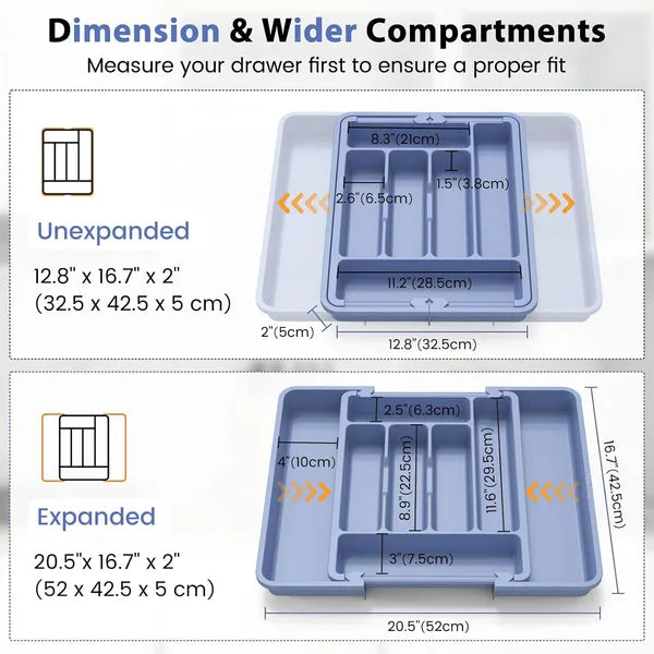 Aeelleea Expandable Silverware Drawer Organizer, BPA-Free Thick Plastic Utensil Tray, 12.8-20.5 x 16.7 Inch Cutlery Holder with Non-Slip Feet