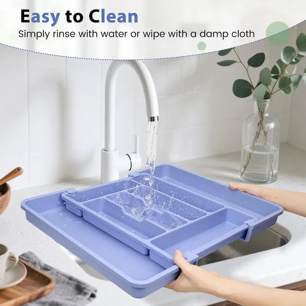 Aeelleea Expandable Silverware Drawer Organizer, BPA-Free Thick Plastic Utensil Tray, 12.8-20.5 x 16.7 Inch Cutlery Holder with Non-Slip Feet