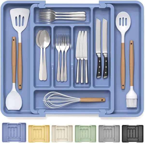 Aeelleea Expandable Silverware Drawer Organizer, BPA-Free Thick Plastic Utensil Tray, 12.8-20.5 x 16.7 Inch Cutlery Holder with Non-Slip Feet