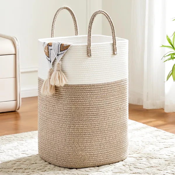 60L Cotton Rope Woven Laundry Basket, Brown Multipurpose Storage Hamper for Bathroom, Nursery, Living Room, Dirty Clothes, Toys & Blankets