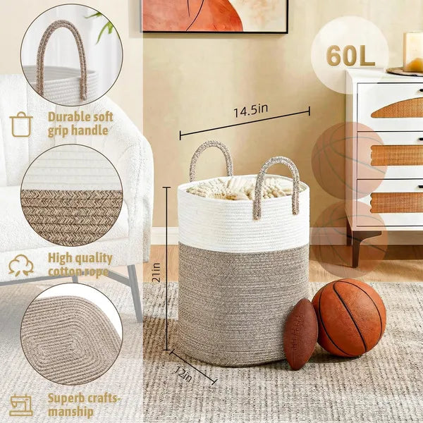 60L Cotton Rope Woven Laundry Basket, Brown Multipurpose Storage Hamper for Bathroom, Nursery, Living Room, Dirty Clothes, Toys & Blankets