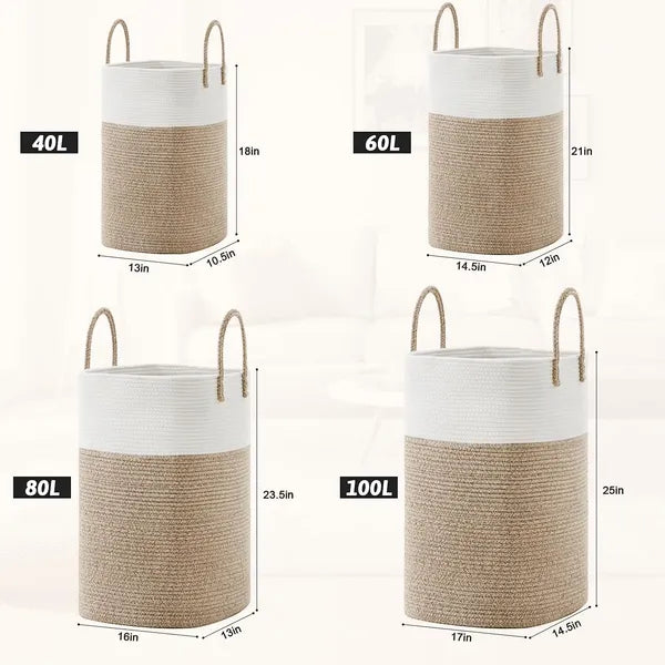 60L Cotton Rope Woven Laundry Basket, Brown Multipurpose Storage Hamper for Bathroom, Nursery, Living Room, Dirty Clothes, Toys & Blankets