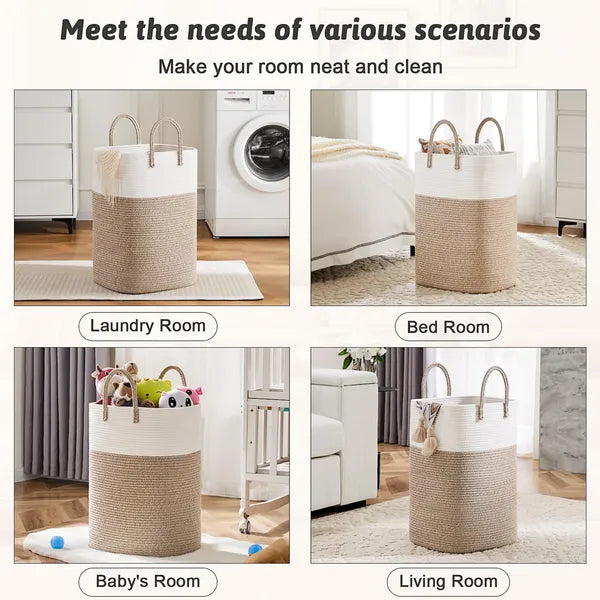 60L Cotton Rope Woven Laundry Basket, Brown Multipurpose Storage Hamper for Bathroom, Nursery, Living Room, Dirty Clothes, Toys & Blankets