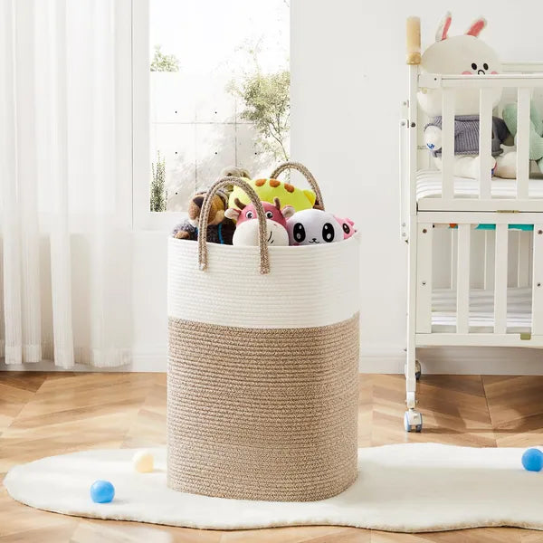 60L Cotton Rope Woven Laundry Basket, Brown Multipurpose Storage Hamper for Bathroom, Nursery, Living Room, Dirty Clothes, Toys & Blankets