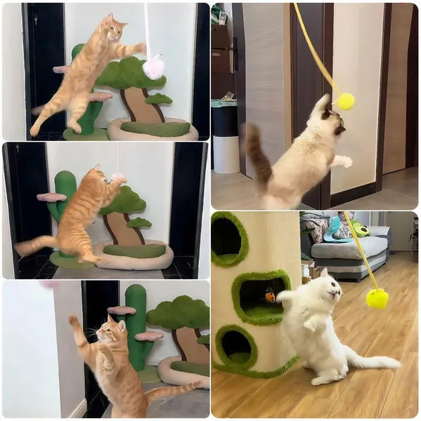 Leaping Cat Spring Toy, Interactive Hanging Enrichment Toy with Plush Ball and Bell for Indoor Cats and Kittens, Yellow, Pink, Blue