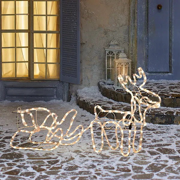 Aeelleea LED Christmas Reindeer Sleigh Decor with 35 Warm White Lights, Steel Frame, Indoor & Outdoor Holiday Yard Ornament