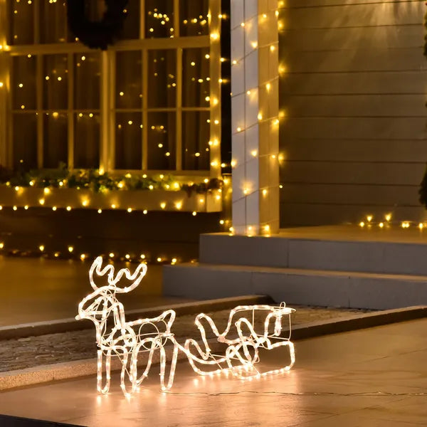Aeelleea LED Christmas Reindeer Sleigh Decor with 35 Warm White Lights, Steel Frame, Indoor & Outdoor Holiday Yard Ornament