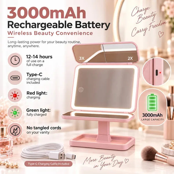 Aeelleea LED Lighted Foldable Makeup Mirror,1X/2X/3X Magnification,Touch Control Vanity Mirror with Storage Tray for Dresser Desktop  # 2. 商品英文介绍 + 参数