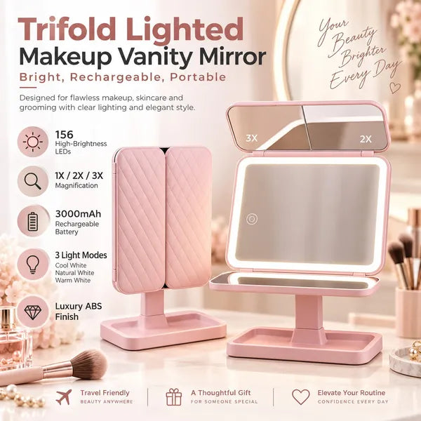 Aeelleea LED Lighted Foldable Makeup Mirror,1X/2X/3X Magnification,Touch Control Vanity Mirror with Storage Tray for Dresser Desktop  # 2. 商品英文介绍 + 参数