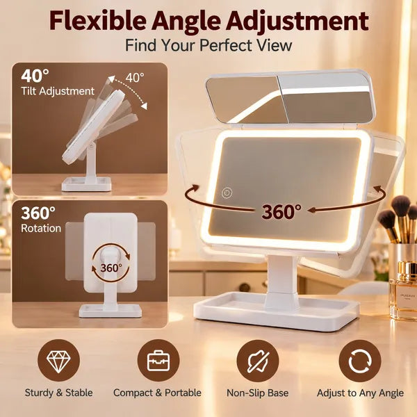 Aeelleea LED Lighted Foldable Makeup Mirror,1X/2X/3X Magnification,Touch Control Vanity Mirror with Storage Tray for Dresser Desktop  # 2. 商品英文介绍 + 参数