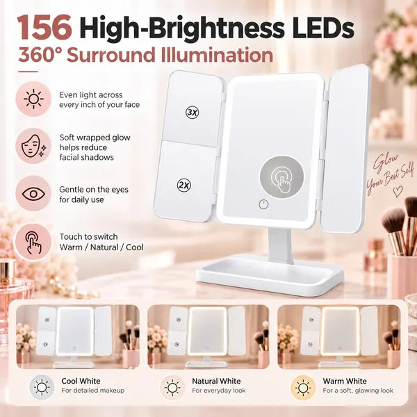 Aeelleea LED Lighted Foldable Makeup Mirror,1X/2X/3X Magnification,Touch Control Vanity Mirror with Storage Tray for Dresser Desktop  # 2. 商品英文介绍 + 参数
