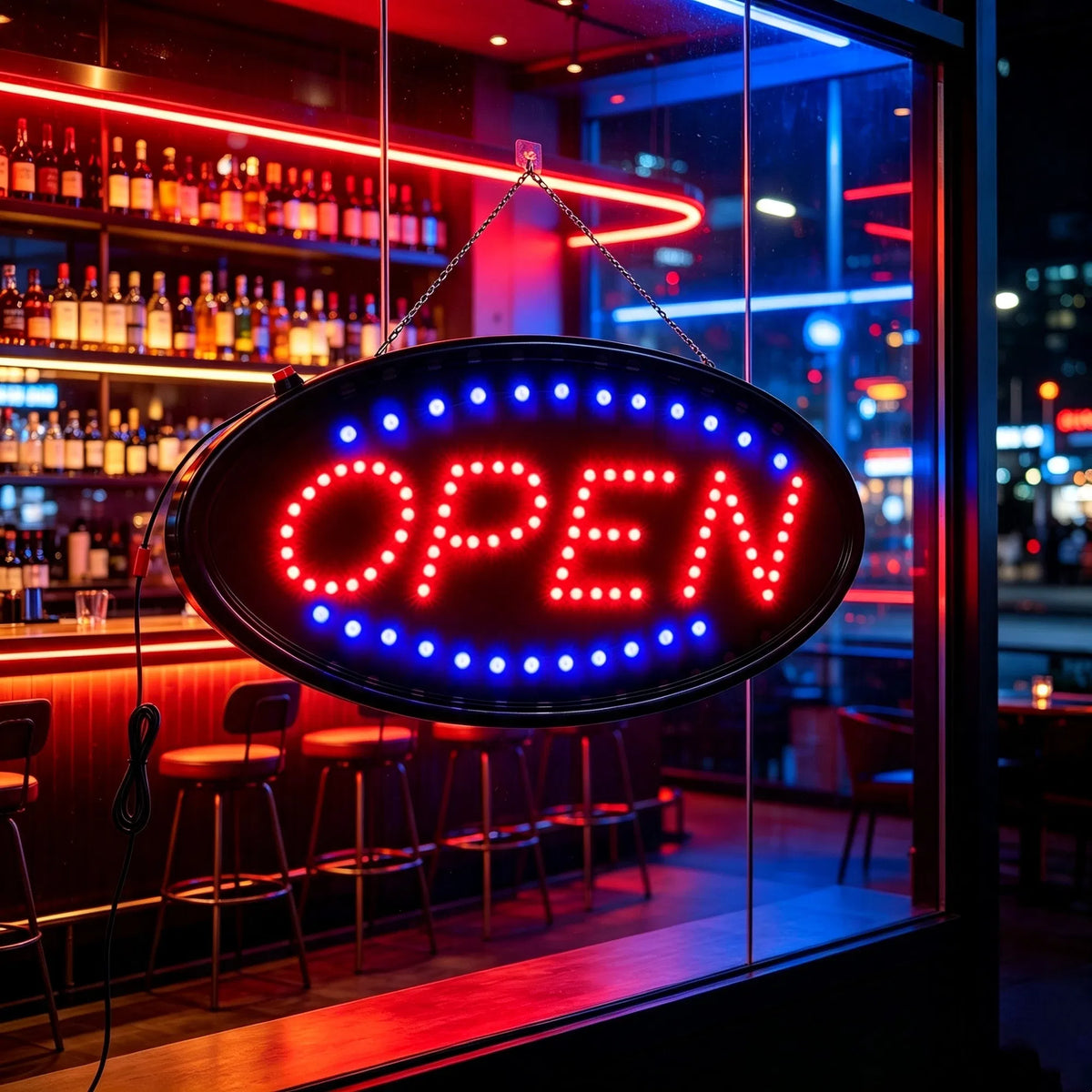 AEELLEEA LED Open Sign for Business, 18.9 x 8 Inch Ultra Bright Neon Open Sign, 100K Hrs, Red & Blue Flashing, 1.14 lbs, Bar Cafe