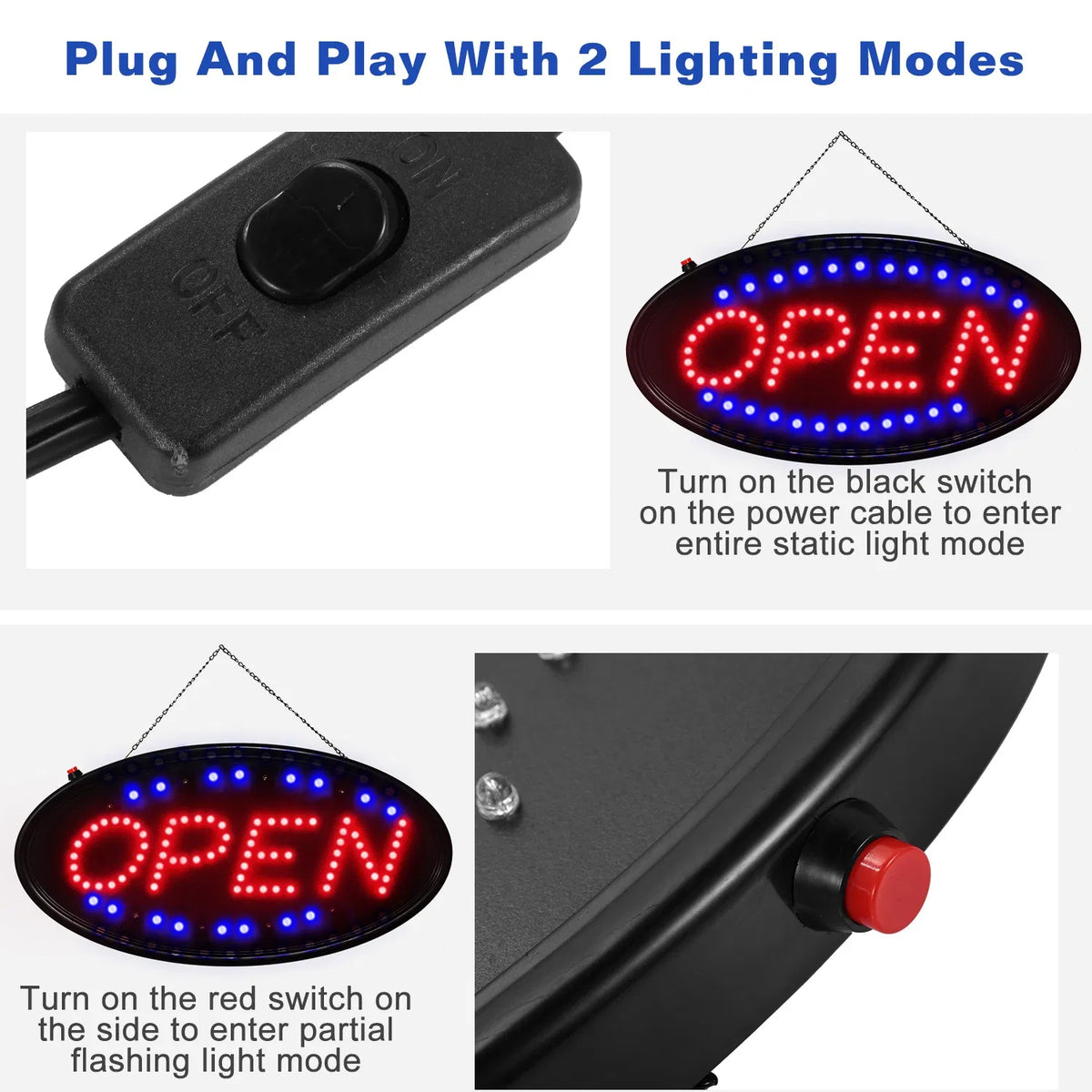 AEELLEEA LED Open Sign for Business, 18.9 x 8 Inch Ultra Bright Neon Open Sign, 100K Hrs, Red & Blue Flashing, 1.14 lbs, Bar Cafe