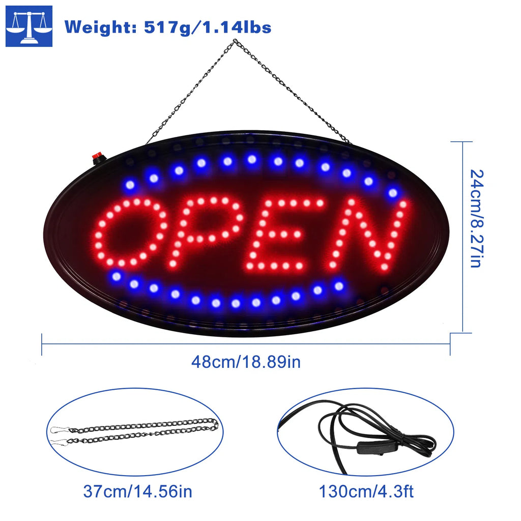 AEELLEEA LED Open Sign for Business, 18.9 x 8 Inch Ultra Bright Neon Open Sign, 100K Hrs, Red & Blue Flashing, 1.14 lbs, Bar Cafe
