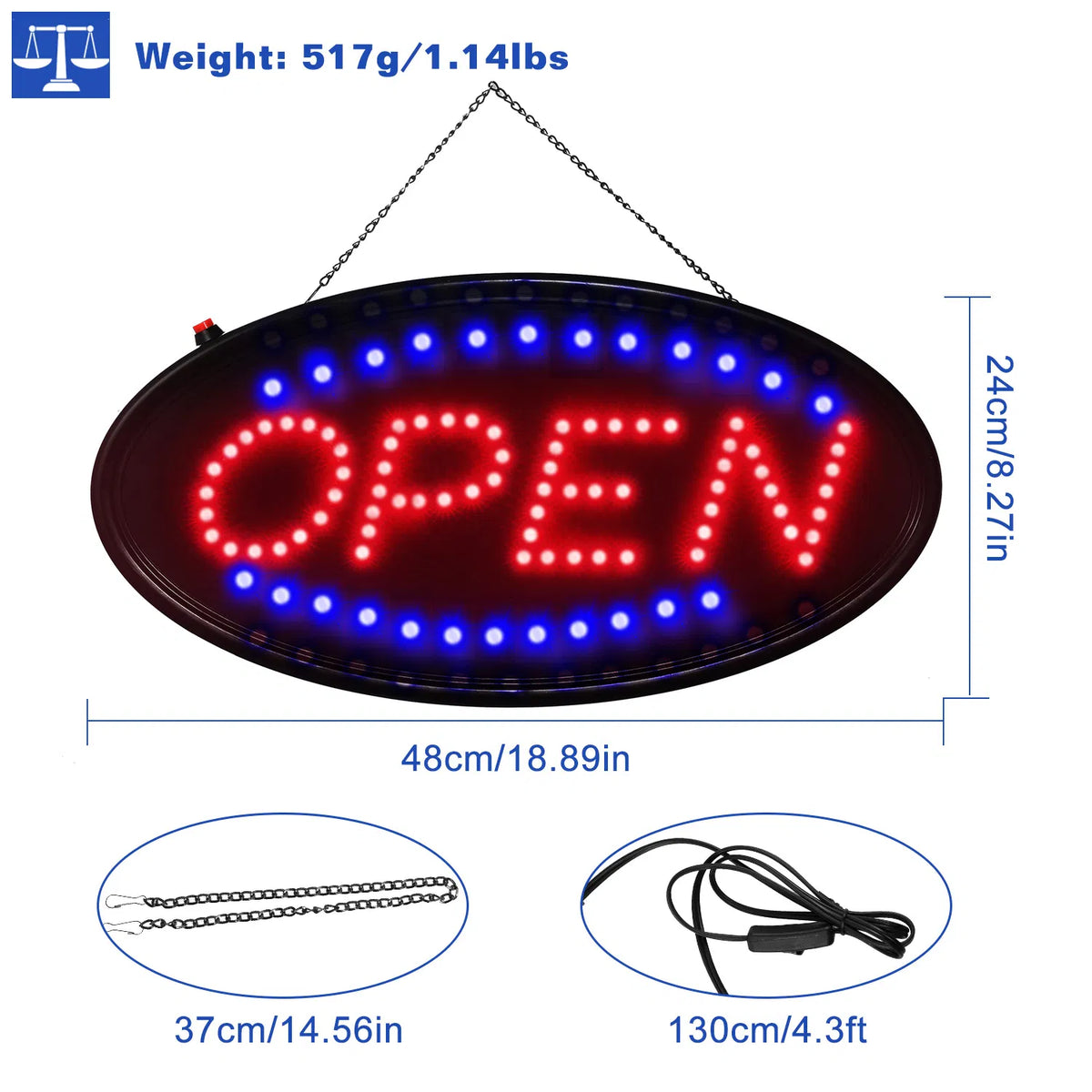 AEELLEEA LED Open Sign for Business, 18.9 x 8 Inch Ultra Bright Neon Open Sign, 100K Hrs, Red & Blue Flashing, 1.14 lbs, Bar Cafe