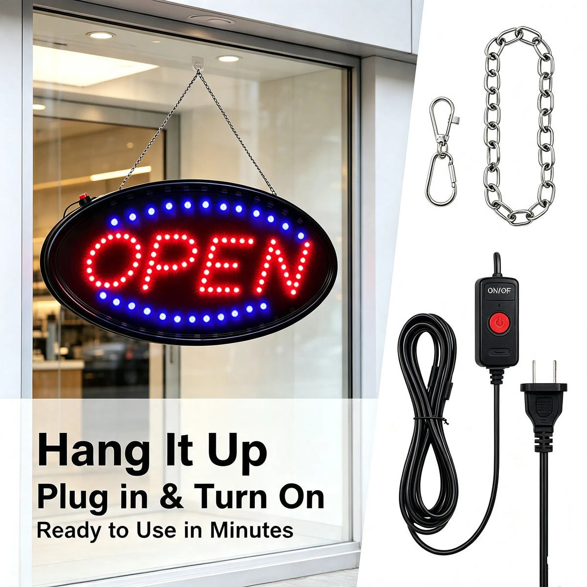 AEELLEEA LED Open Sign for Business, 18.9 x 8 Inch Ultra Bright Neon Open Sign, 100K Hrs, Red & Blue Flashing, 1.14 lbs, Bar Cafe