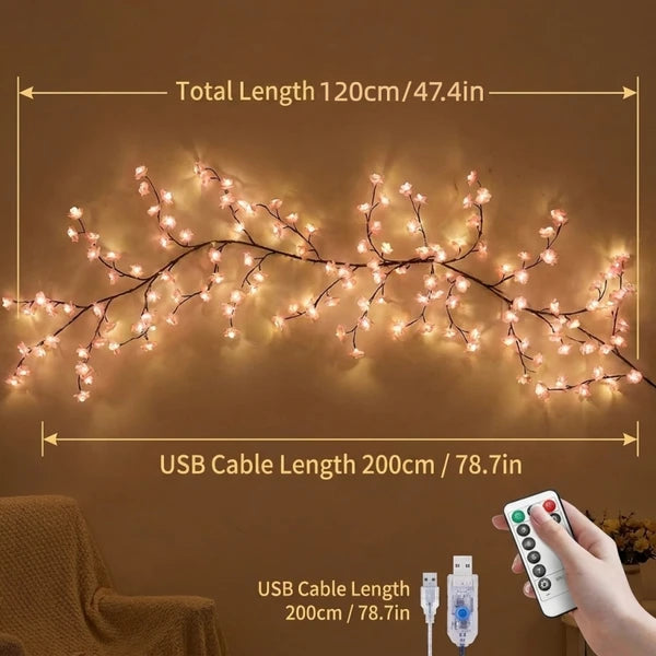 Aeelleea LED Cherry Blossom Branch Vine Lights with Remote, 8 Modes USB Powered, Indoor Wall Decor for Bedroom Home