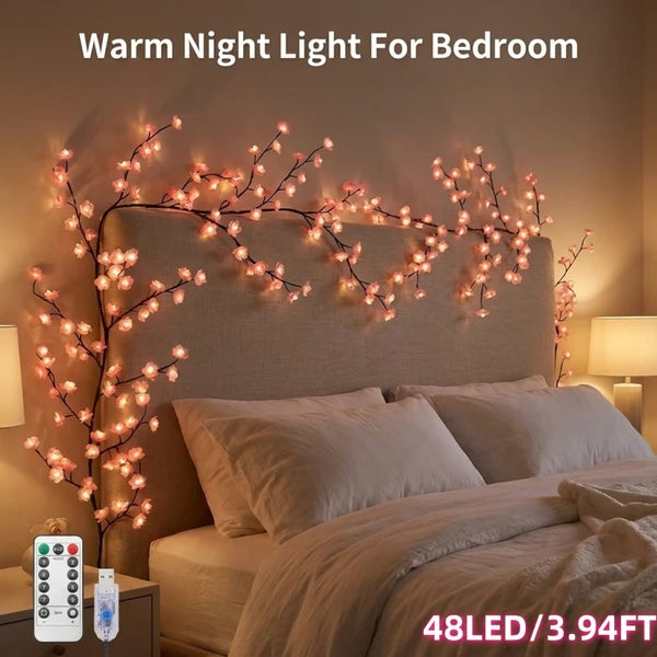 Aeelleea LED Cherry Blossom Branch Vine Lights with Remote, 8 Modes USB Powered, Indoor Wall Decor for Bedroom Home