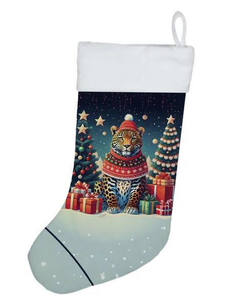 Leopard Christmas Stocking with Hanging Loop, Festive Animal Holiday Stocking for Fireplace Mantel Decor