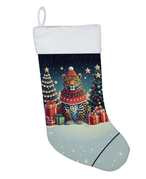 Leopard Christmas Stocking with Hanging Loop, Festive Animal Holiday Stocking for Fireplace Mantel Decor