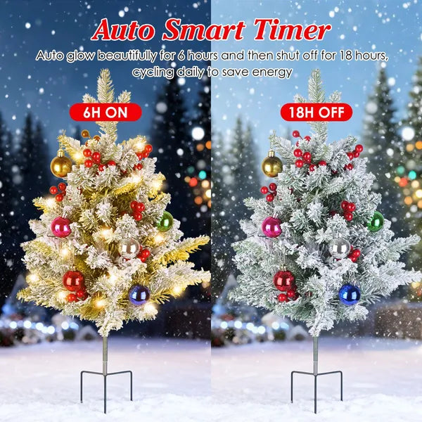 Aeelleea 2Pcs Artificial Snowy Christmas Tree, 50 Warm LED Lights, Timer IP44 Waterproof Tabletop Xmas Tree with Berries Ornaments