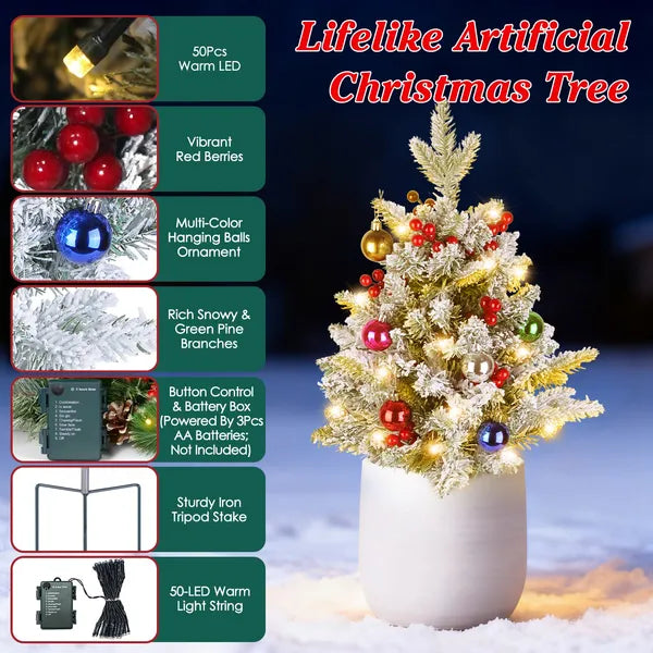 Aeelleea 2Pcs Artificial Snowy Christmas Tree, 50 Warm LED Lights, Timer IP44 Waterproof Tabletop Xmas Tree with Berries Ornaments