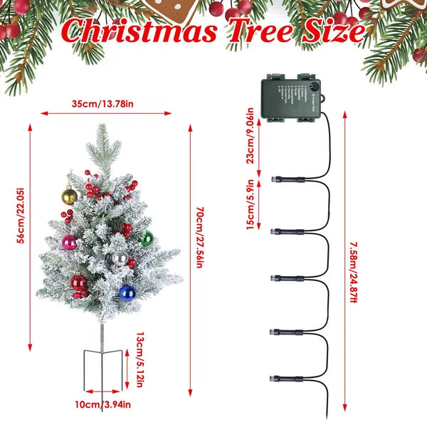 Aeelleea 2Pcs Artificial Snowy Christmas Tree, 50 Warm LED Lights, Timer IP44 Waterproof Tabletop Xmas Tree with Berries Ornaments