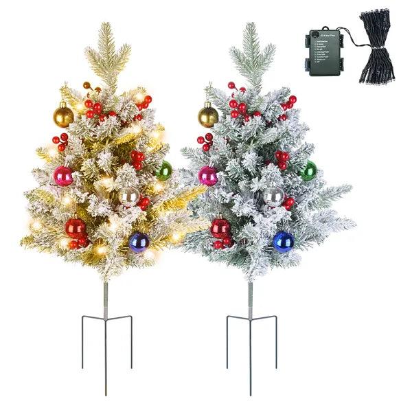 Aeelleea 2Pcs Artificial Snowy Christmas Tree, 50 Warm LED Lights, Timer IP44 Waterproof Tabletop Xmas Tree with Berries Ornaments