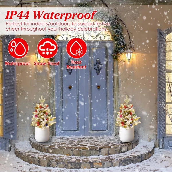 Aeelleea 2Pcs Artificial Snowy Christmas Tree, 50 Warm LED Lights, Timer IP44 Waterproof Tabletop Xmas Tree with Berries Ornaments
