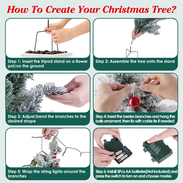 Aeelleea 2Pcs Artificial Snowy Christmas Tree, 50 Warm LED Lights, Timer IP44 Waterproof Tabletop Xmas Tree with Berries Ornaments