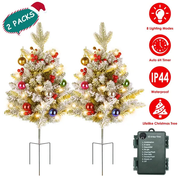 Aeelleea 2Pcs Artificial Snowy Christmas Tree, 50 Warm LED Lights, Timer IP44 Waterproof Tabletop Xmas Tree with Berries Ornaments