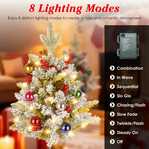 Aeelleea 2Pcs Artificial Snowy Christmas Tree, 50 Warm LED Lights, Timer IP44 Waterproof Tabletop Xmas Tree with Berries Ornaments