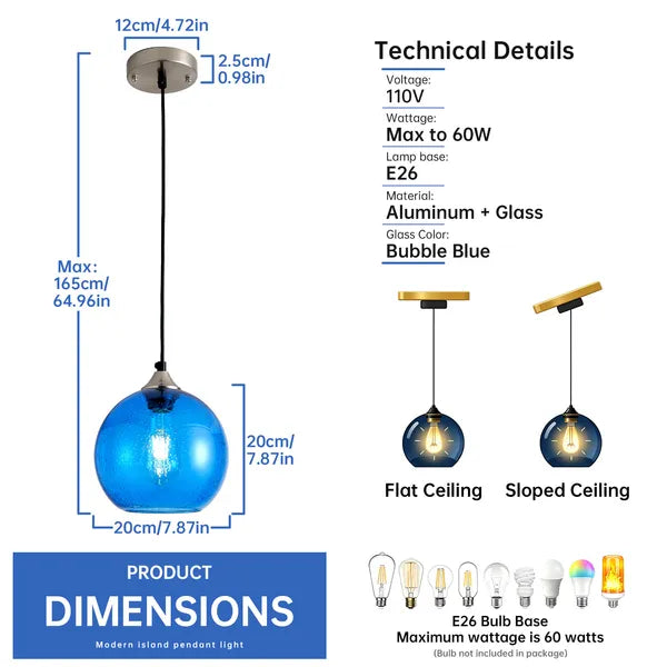 Aeelleea Light Blue Glass Pendant Lights, 7.9 in Globe Pendant Light Fixture 2 Pack for Kitchen Island Bedroom Dining Room