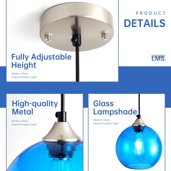 Aeelleea Light Blue Glass Pendant Lights, 7.9 in Globe Pendant Light Fixture 2 Pack for Kitchen Island Bedroom Dining Room