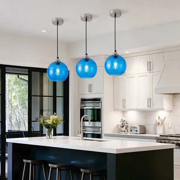 Aeelleea Light Blue Glass Pendant Lights, 7.9 in Globe Pendant Light Fixture 2 Pack for Kitchen Island Bedroom Dining Room