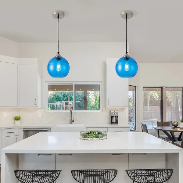 Aeelleea Light Blue Glass Pendant Lights, 7.9 in Globe Pendant Light Fixture 2 Pack for Kitchen Island Bedroom Dining Room