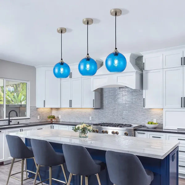 Aeelleea Light Blue Glass Pendant Lights, 7.9 in Globe Pendant Light Fixture 2 Pack for Kitchen Island Bedroom Dining Room