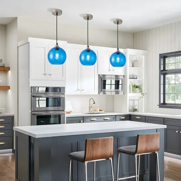 Aeelleea Light Blue Glass Pendant Lights, 7.9 in Globe Pendant Light Fixture 2 Pack for Kitchen Island Bedroom Dining Room