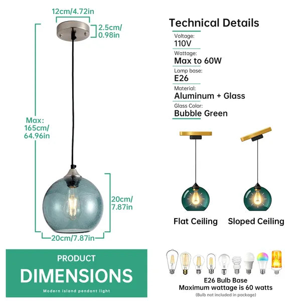 Aeelleea Light Green Glass Pendant Lights, 7.9 in Globe Pendant Light Fixture 2 Pack for Kitchen Island Bedroom Dining Room
