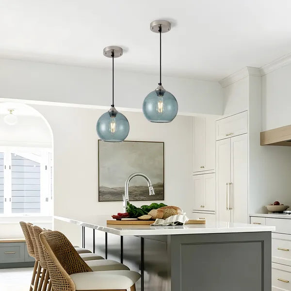 Aeelleea Light Green Glass Pendant Lights, 7.9 in Globe Pendant Light Fixture 2 Pack for Kitchen Island Bedroom Dining Room