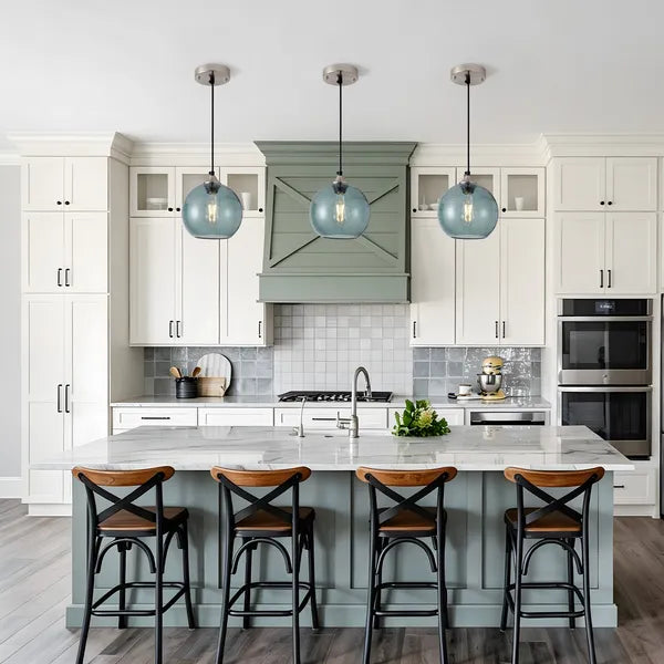 Aeelleea Light Green Glass Pendant Lights, 7.9 in Globe Pendant Light Fixture 2 Pack for Kitchen Island Bedroom Dining Room