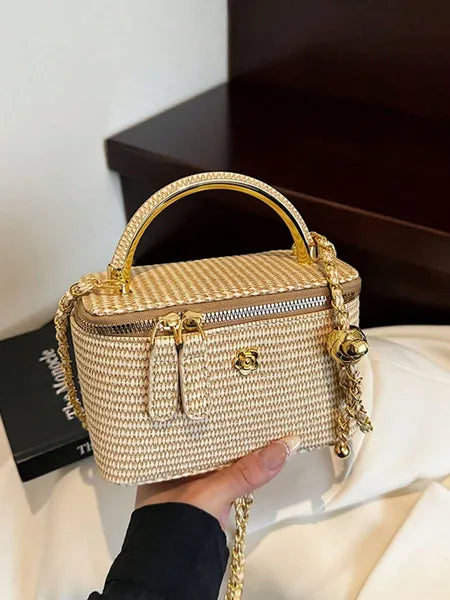 AEELLEEA Woven Straw Box Handbag, Hard Shell Mini Crossbody Purse with Metal Top Handle & Adjustable Chain, Camellia Decor Small Shoulder Bag for Summer Travel