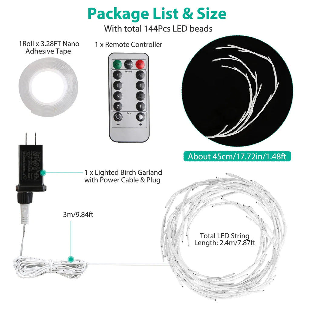7.87ft Plug-In Lighted Birch Garland, 144 Warm White LED Lights, 8 Modes, Remote & 6H Timer, IP45 Waterproof, Christmas Decor