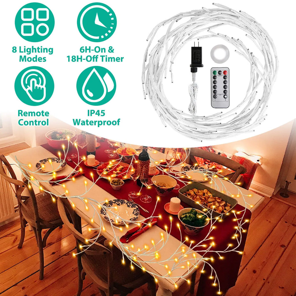 7.87ft Plug-In Lighted Birch Garland, 144 Warm White LED Lights, 8 Modes, Remote & 6H Timer, IP45 Waterproof, Christmas Decor