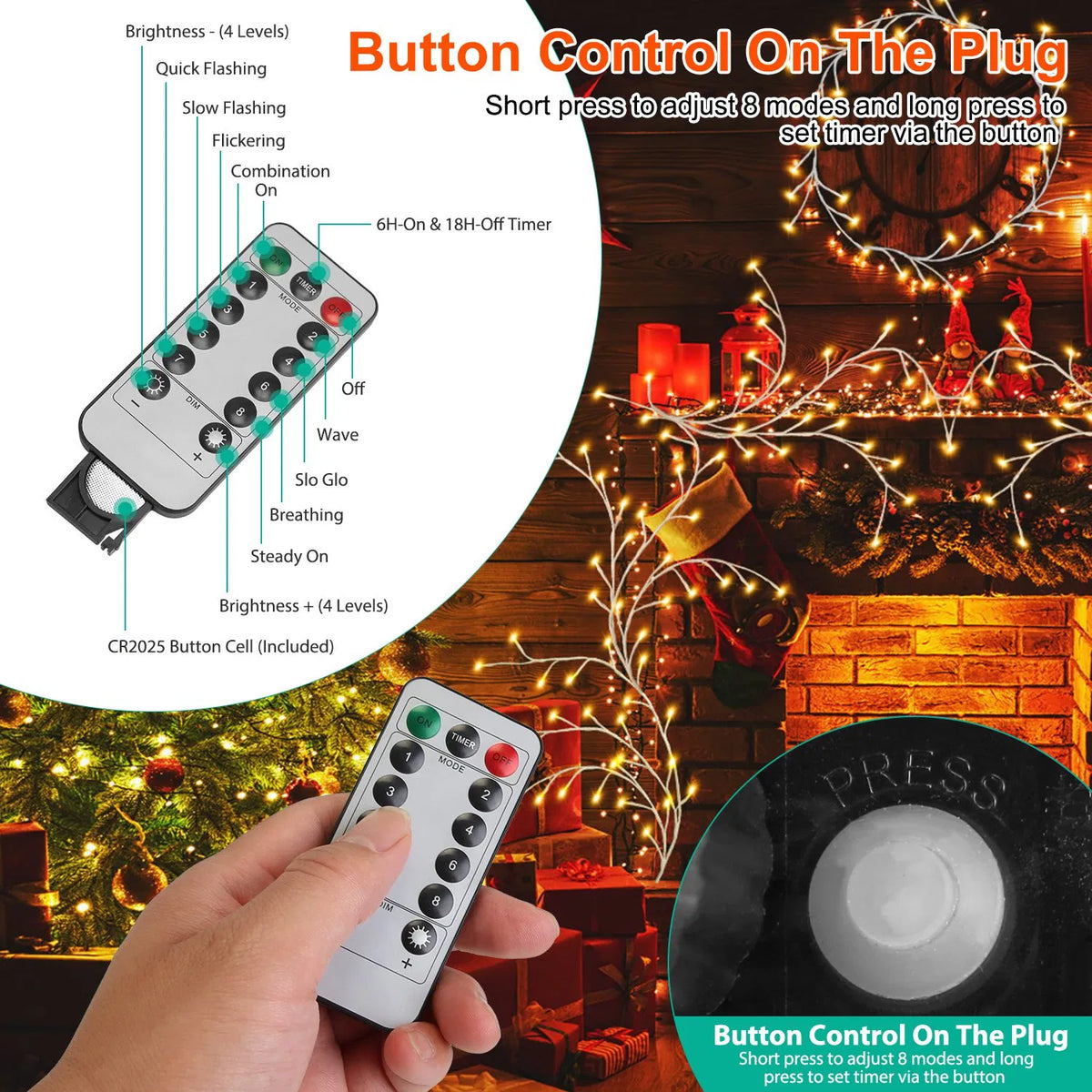 7.87ft Plug-In Lighted Birch Garland, 144 Warm White LED Lights, 8 Modes, Remote & 6H Timer, IP45 Waterproof, Christmas Decor