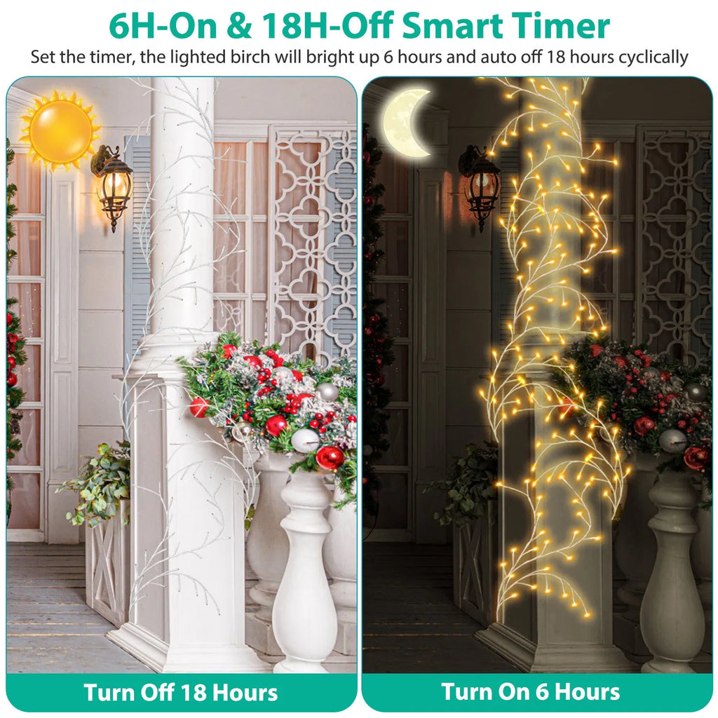 7.87ft Plug-In Lighted Birch Garland, 144 Warm White LED Lights, 8 Modes, Remote & 6H Timer, IP45 Waterproof, Christmas Decor