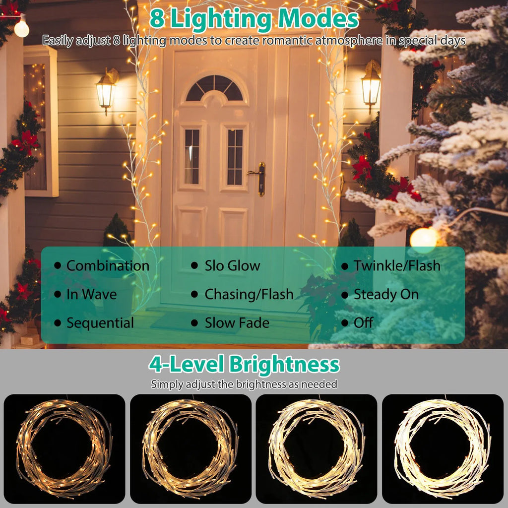 7.87ft Plug-In Lighted Birch Garland, 144 Warm White LED Lights, 8 Modes, Remote & 6H Timer, IP45 Waterproof, Christmas Decor
