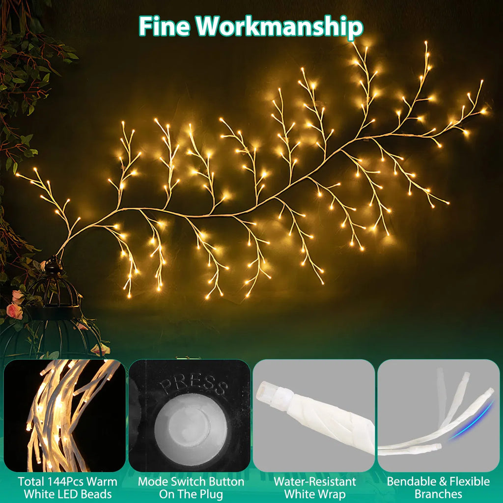 7.87ft Plug-In Lighted Birch Garland, 144 Warm White LED Lights, 8 Modes, Remote & 6H Timer, IP45 Waterproof, Christmas Decor
