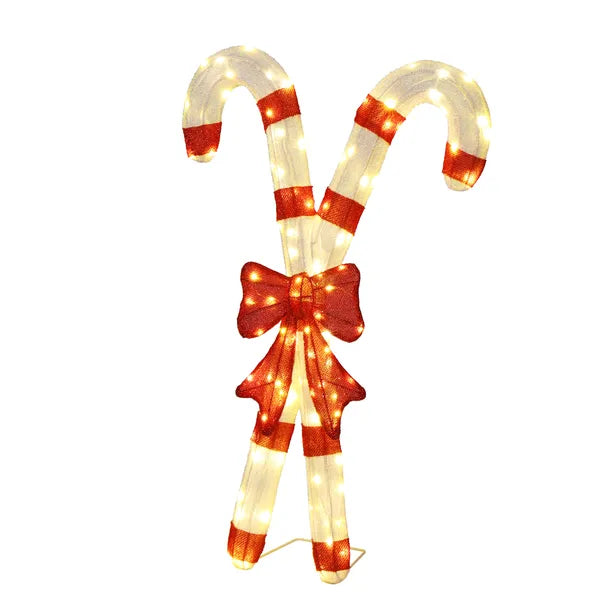Aeelleea Lighted Candy Cane Christmas Decor with Red Bow, 2D 100 Warm White LED Lights, Indoor Outdoor Holiday Yard Decoration